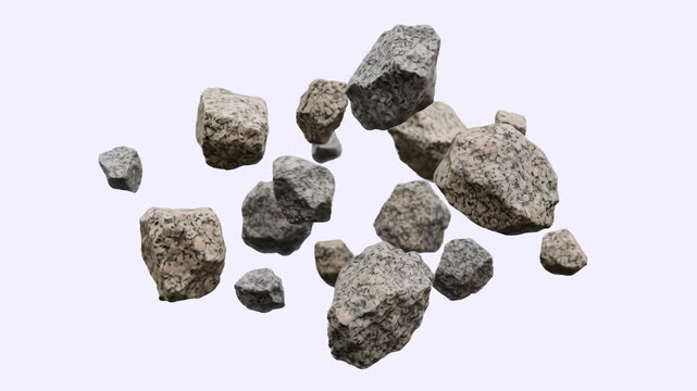Realistic grey stones and rock debris levitating and falling in mid-air explosion effect, isolated on a clean white background. Ideal for earthquake visual effects, rockslide animations, building dest