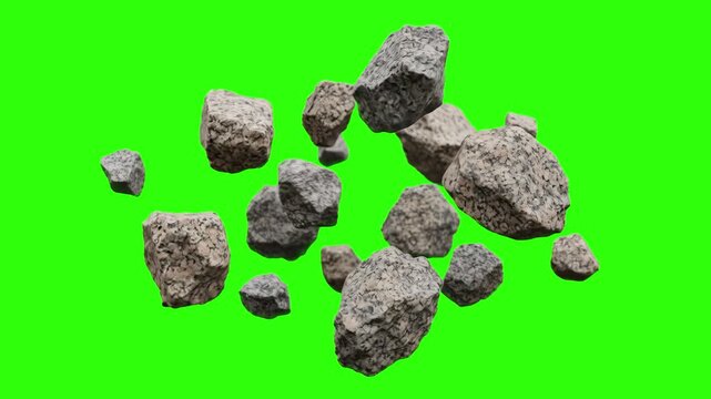 Slabs of textured gray rocks and stones float suspended in mid-air against a solid chroma key green screen. This 3D animated asset is designed for easy compositing in action movies, video game effects