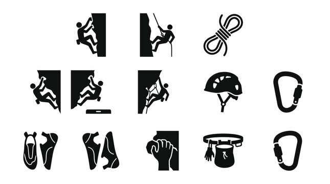 Rock climbing equipment icons set.