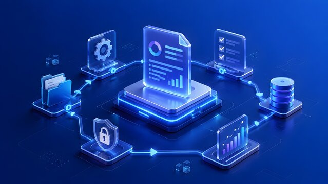Isometric cloud computing data center platform displaying analytics charts and digital file icons symbolizing modern business intelligence and secure enterprise information management