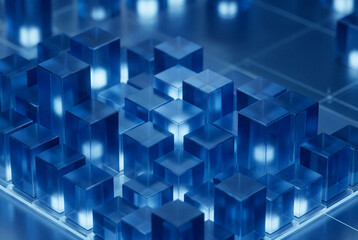 Fototapeta premium Futuristic abstract background made of translucent blue cubic blocks of varying heights