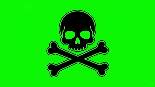 A bold black graphic emblem of a human skull with crossed bones underneath, isolated on a bright chroma key green screen backdrop. Perfect for poison warning signs, pirate theme video editing, hazard 