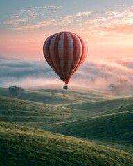 Fototapeta premium Hot air balloon floating above farmland