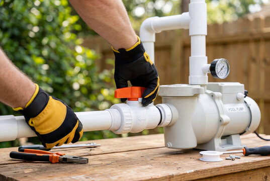 Gloved hands turning an orange valve on a white pool pump pipe