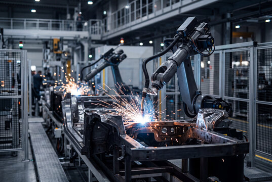 Automated robotic arms welding a car chassis in a modern factory