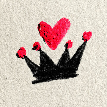Hand-drawn crayon illustration of a black crown and a red heart on textured paper
