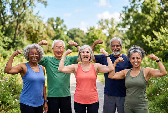 Diverse group of cheerful seniors flexing arm muscles in sunny park