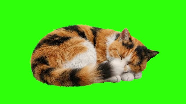 A fluffy calico cat with orange, black, and white fur lies curled up sleeping peacefully against a solid chroma key green background. This visual asset is highly useful for compositing pet-related sce