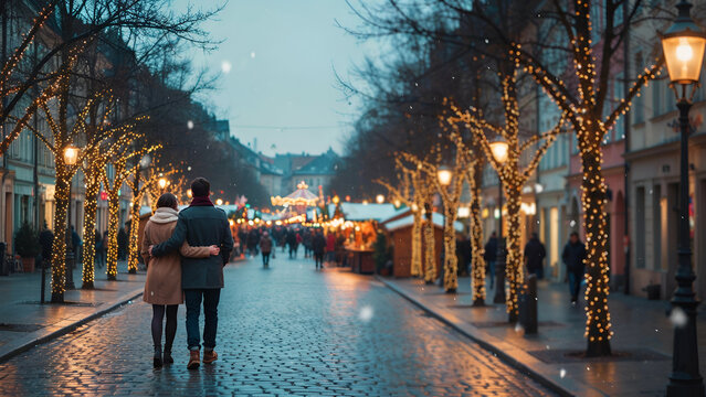 Couple walking down a cobblestone street at a christmas market