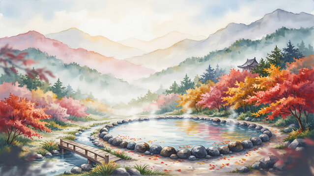 Watercolor landscape of a steaming hot spring with autumn trees