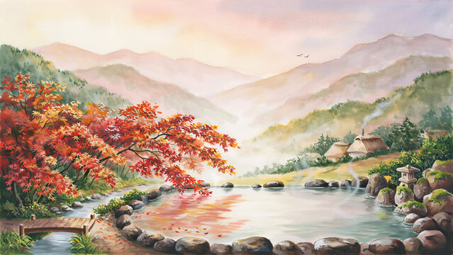 Watercolor landscape of a japanese hot spring with red maple trees and mountains