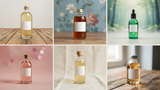Six panel collection of glass bottles with blank labels and various liquid colors