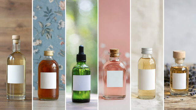 Six vertical panels featuring glass bottles with blank labels