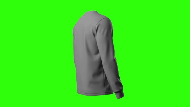A detailed 3D illustration of a blank grey long sleeve pullover shirt or casual sweatshirt from a back side angle, isolated against a solid green chroma key background. Great for e-commerce garment li