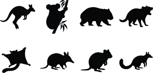 Obraz premium Vector collection of Australian wildlife animal silhouettes featuring a kangaroo, koala, wombat, sugar glider, and tasmanian devil