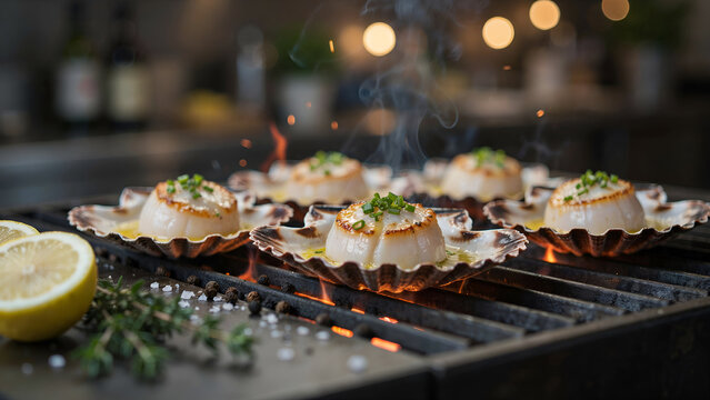 Seared scallops in shells grilling on a hot charcoal barbecue