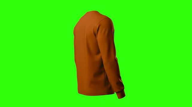 A detailed 3D illustration of a blank brown long sleeve pullover shirt or casual sweatshirt from a back side angle, isolated against a solid green chroma key background. Great for e-commerce garment l