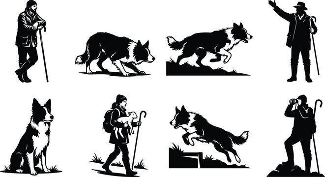 Vector collection of black and white shepherd silhouettes, working border collie sheepdogs, and a farmer carrying a lamb