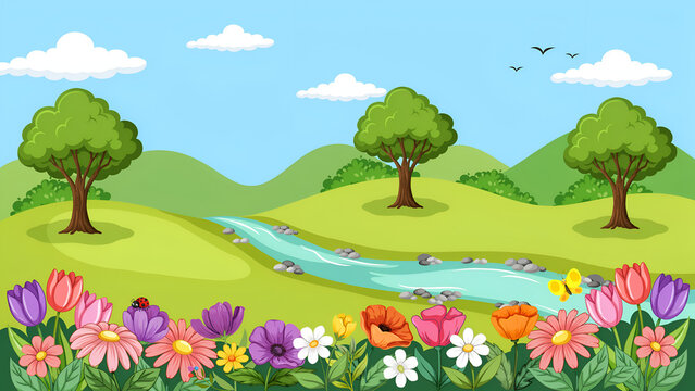 Cartoon landscape with a winding river, green hills, and colorful flowers in the foreground