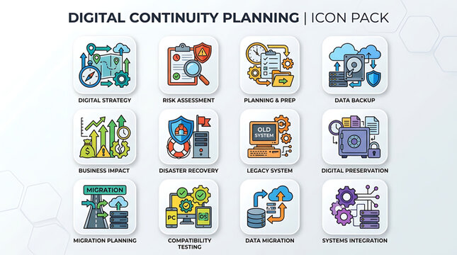 Business planning icons showcase digital strategy and data backup solutions
