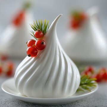 Elegant white meringue dessert decorated with red berries and pine needles for a holiday celebration