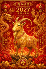 Fototapeta premium Golden Goat Statue for 2027 Lunar New Year Celebration with Dragon and Phoenix Ornaments