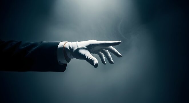 Gloved hand reaching through dark smoke