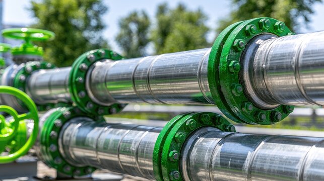 Gleaming industrial pipes with bright green valves and flanges under sunlight