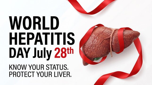 World hepatitis day awareness poster with liver and red ribbon