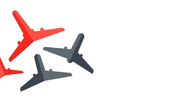 Stylized illustration of multiple red and dark grey airplanes flying in a cluster on a white background.