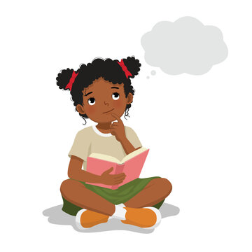 Little African girl reading book thinking day dreaming sitting on floor
