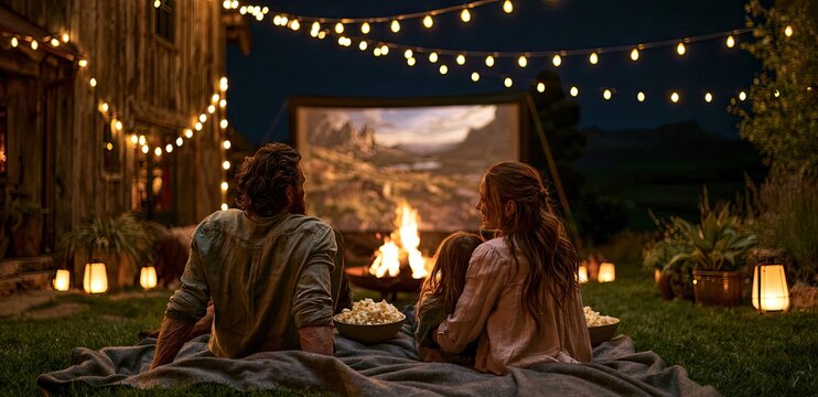 Family enjoys outdoor movie night by firelight with popcorn
