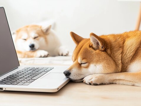 Two Shiba Inu dogs peacefully sleeping near a laptop on a light wooden surface.