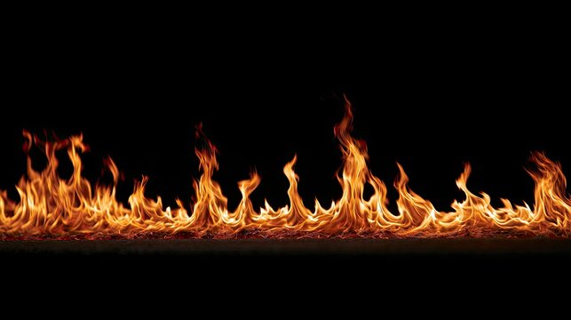 A vibrant horizontal line of fiery orange flames crackles against a deep black background