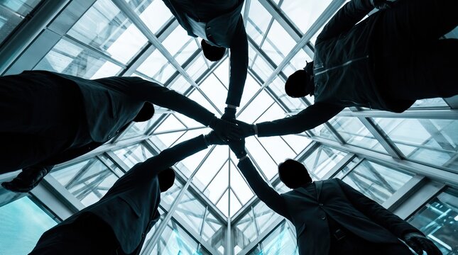 Business Team Joining Hands in Unity Under Modern Glass Ceiling for Corporate Partnership and Success Visuals