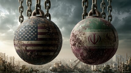 Obraz premium Two flags on wrecking balls hang precariously over a desolate industrial landscape