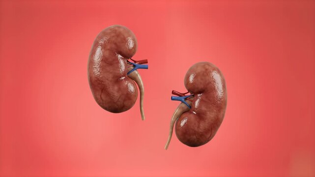 Detailed 3D anatomical model of human kidneys levitating on a warm red backdrop. Suitable for medical health awareness campaigns, organ transplant promos, biological research visualizers, and educatio
