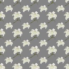 Fototapeta premium Seamless white lily floral pattern on gray background, elegant botanical wallpaper
