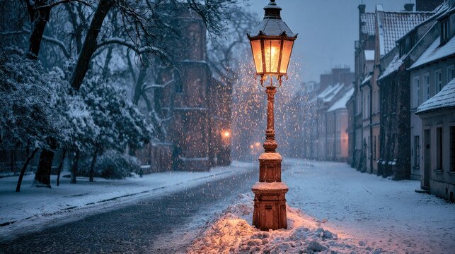 Cozy winter street lamp glows warmly on snowy evening