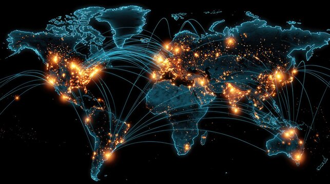 Glowing global network of connections across illuminated continents on dark background