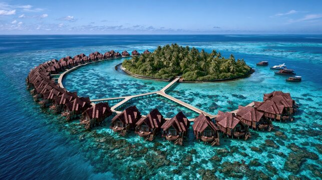 Luxurious overwater bungalows encircle a lush tropical island in clear turquoise waters