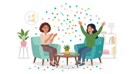 Two women celebrating with confetti in a modern home.