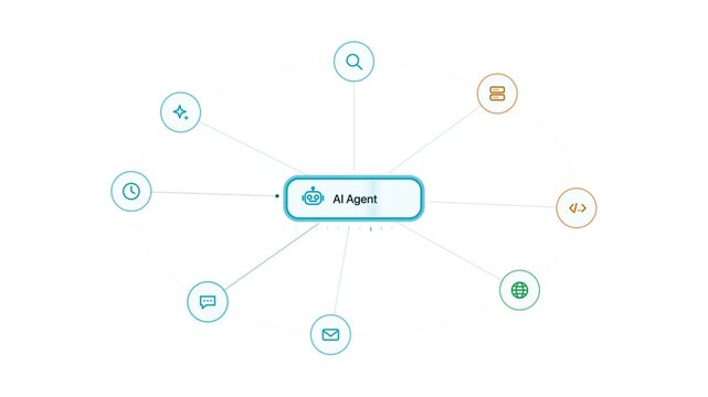Futuristic AI agent tool orbiting in a digital space with glowing lines and particles