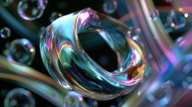 Abstract swirling iridescent torus surrounded by bubbles and flowing ribbons