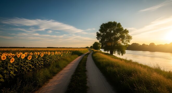 Sunflower field and river along dirt road