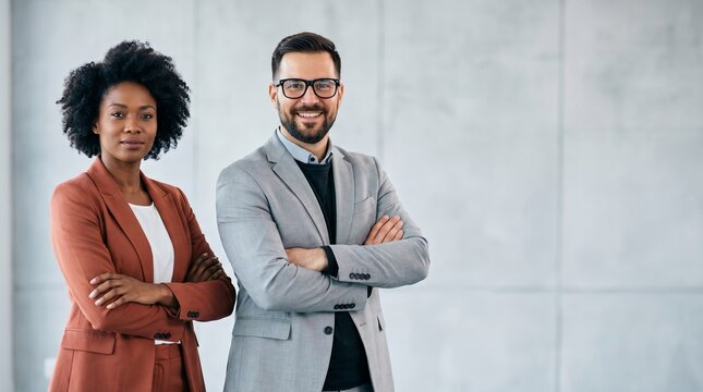 Two confident professionals, a man and a woman, stand with their arms crossed in a modern office setting