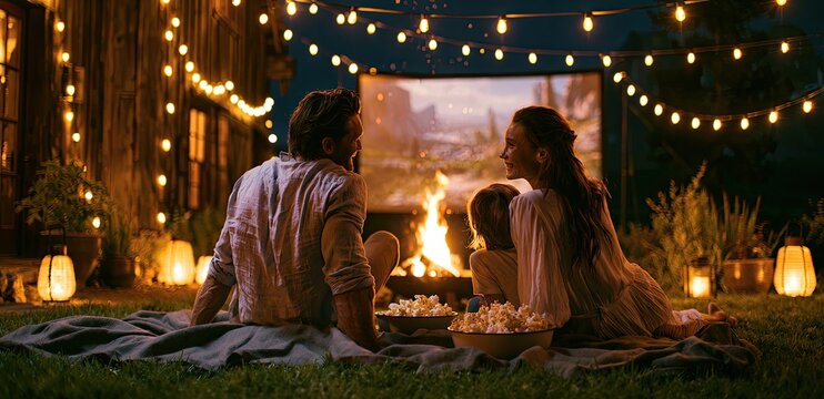 Family enjoys outdoor movie night with popcorn by firelight and string lights