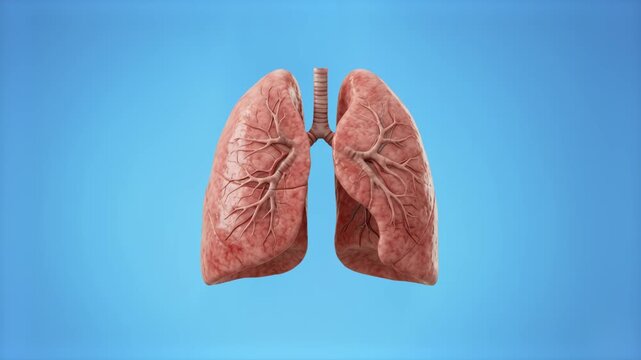 A photorealistic 3D render of the human lungs and trachea system, showcasing organic tissue details and anatomical accuracy, isolated on a solid blue chroma key backdrop. Ideal for medical explainer v