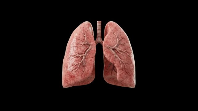 A detailed, realistic 3D medical illustration of the human respiratory system, showing the left and right lungs with the trachea and bronchial tree structure, isolated against a solid black backdrop. 