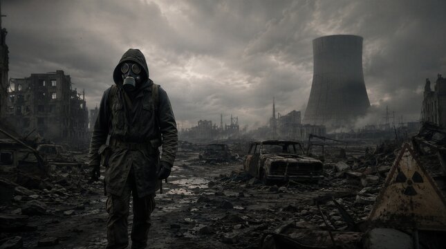 Person in hazmat suit and gas mask walking through destroyed post apocalyptic city with nuclear power plant in background for environmental disaster concept